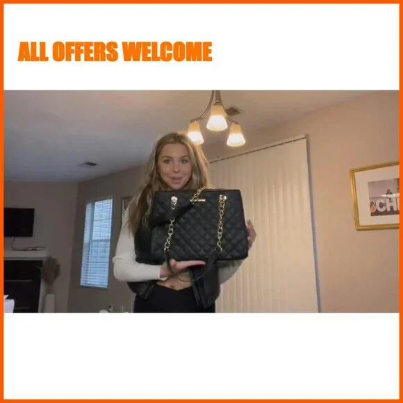 Quilted Medium Tote Bag with Chain Strap, Multiple Compartments - Picture 8 of 8